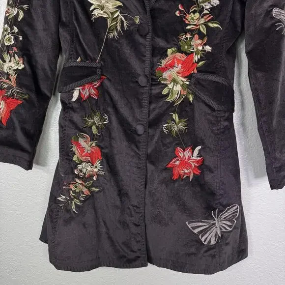 Paparazzi By Biz Coat Womens Small Velvet Embroidered Floral Butterfly Boho - Picture 5 of 12